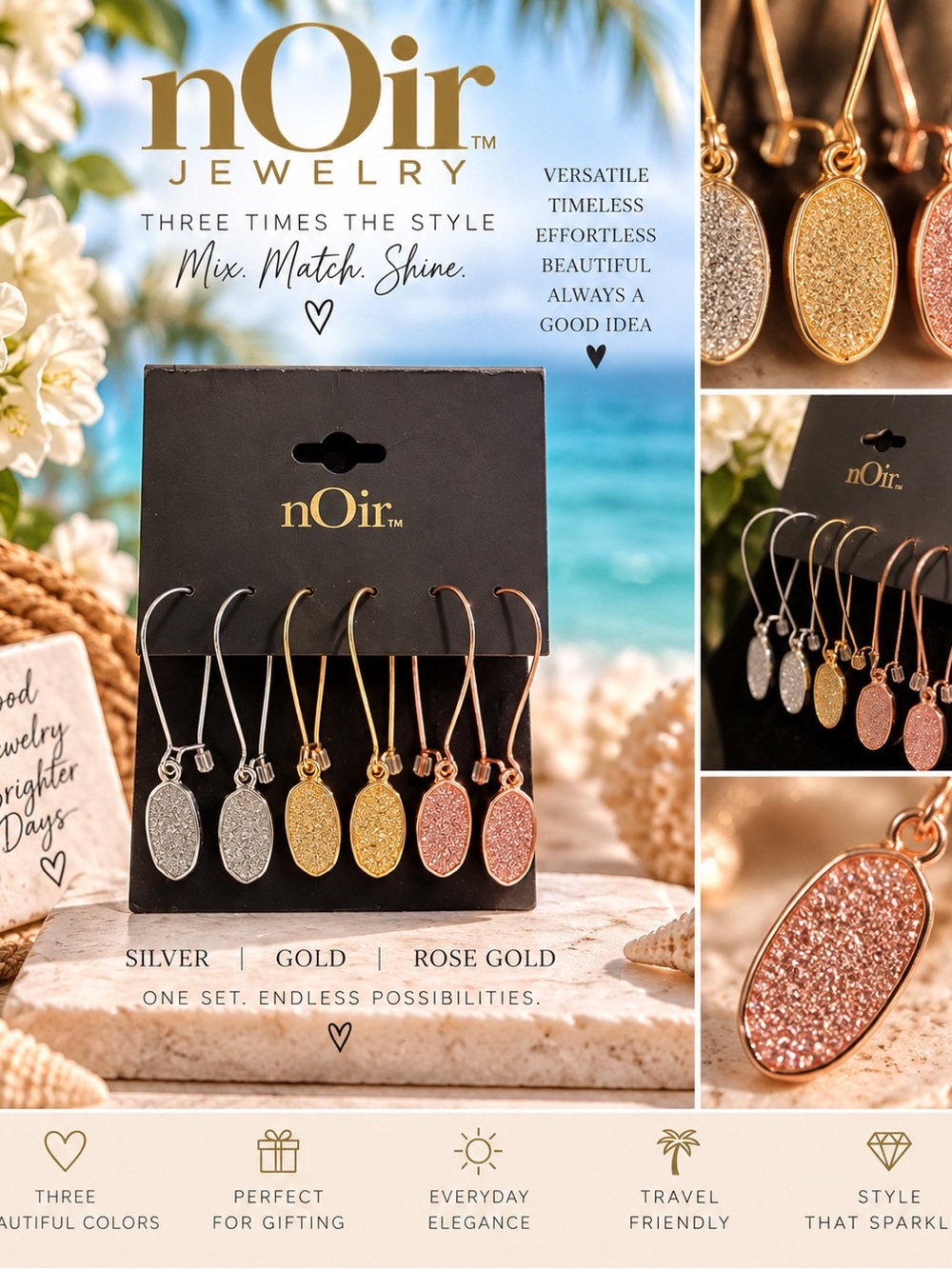Noir Jewelry 3 Pair Druzy Drop Earrings Silver Gold Rose Gold Set